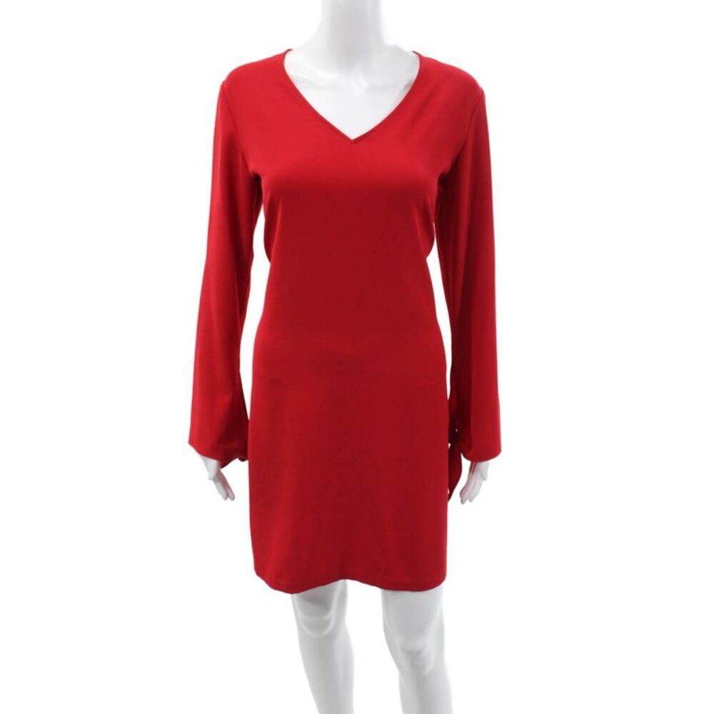 Pure Amici Women Shift Dress Red V-Neck Long Sleeve Knee Length Size S